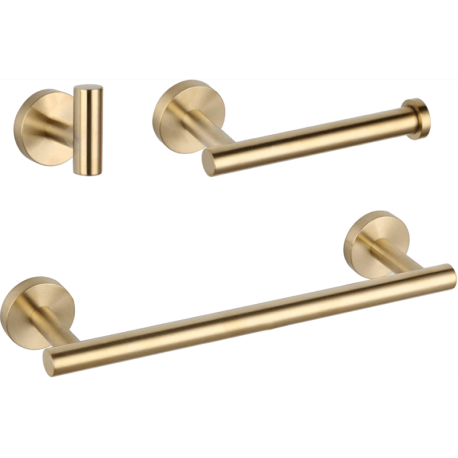 Accesorios de baño en dorado cepillado de acero inoxidable SUS304: Toallero 40cm + portarrollos + percha